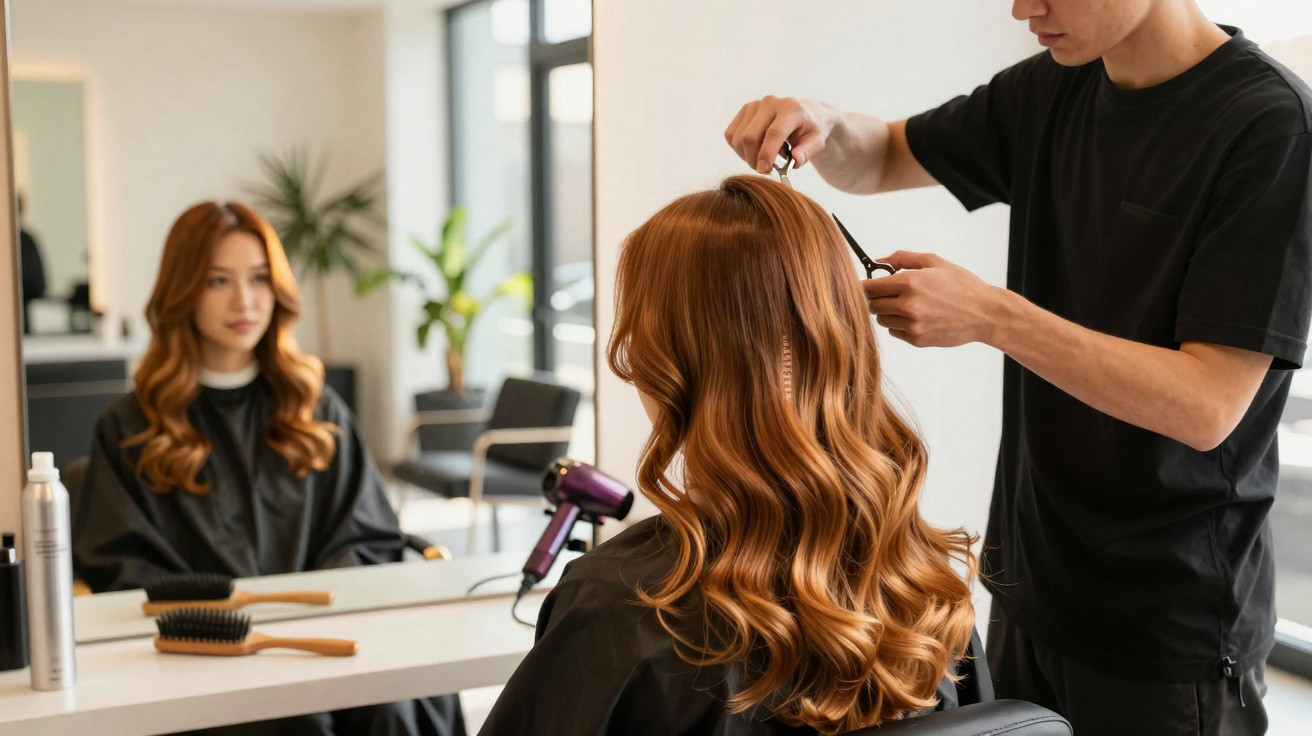 Homem a cortar cabelo de mulher com ondas em salão de beleza moderno e iluminado.
