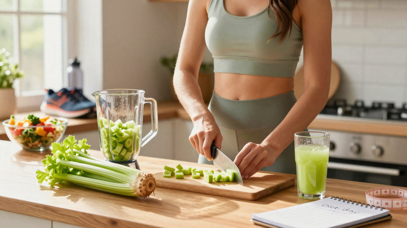 Mulher a cortar aipo numa cozinha moderna, com sumo verde, liquidificador e bloco de notas na bancada.