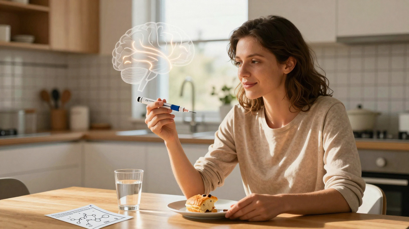 Mulher em cozinha a preparar injeção, com ilustração de cérebro flutuante e documento científico na mesa.