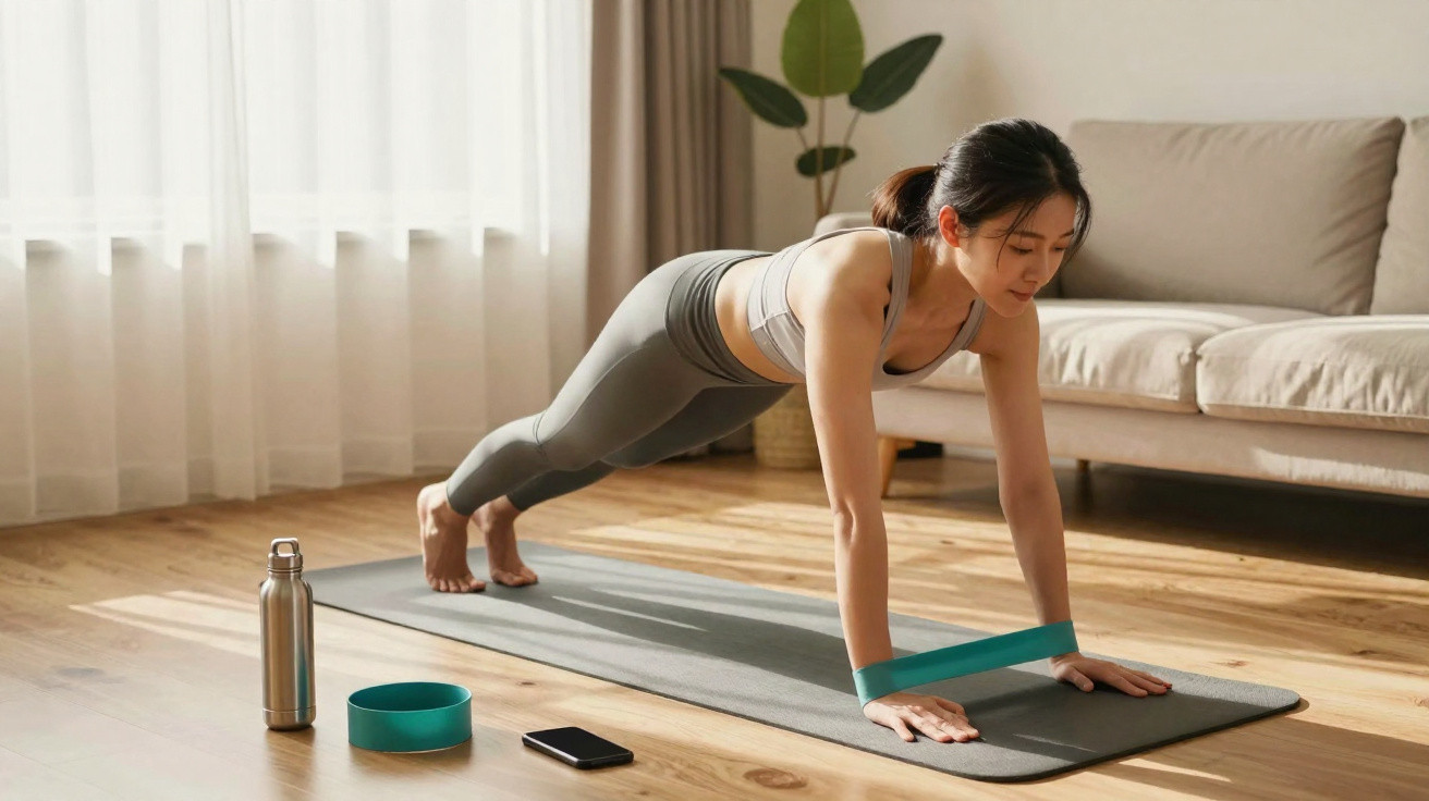 Mulher a fazer prancha com banda elástica nos pulsos numa sala iluminada e com tapete de exercício.