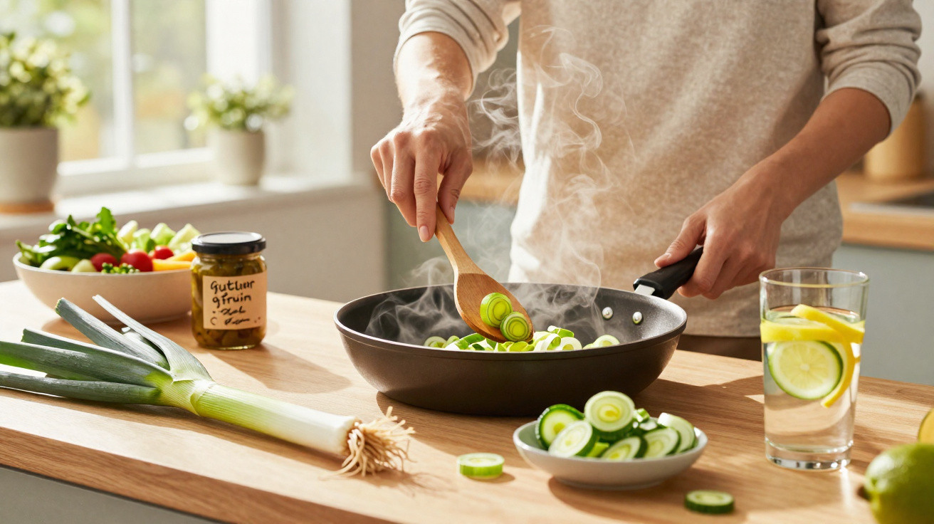 Pessoa a cozinhar alho-francês numa frigideira, com vegetais e jarra de água com limão sobre a bancada.