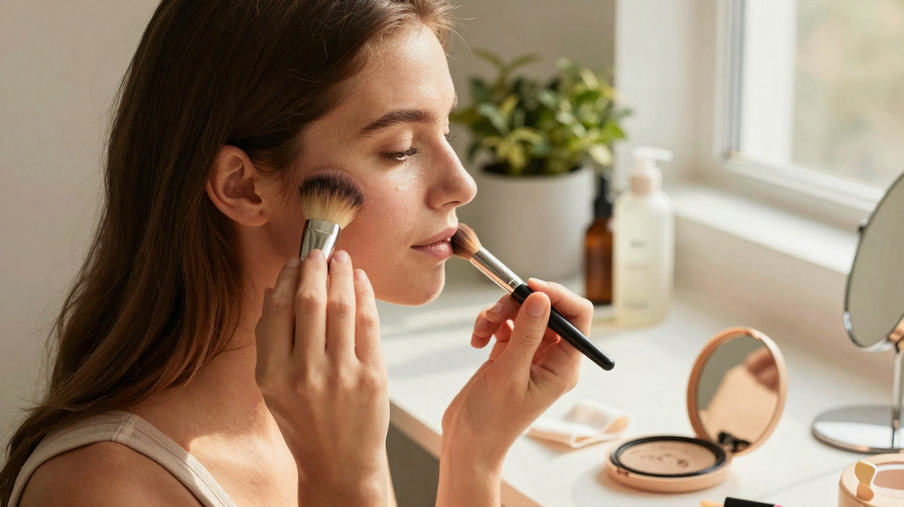 Mulher maquiando-se com pincel ao lado de produto cosmético numa mesa iluminada por luz natural.