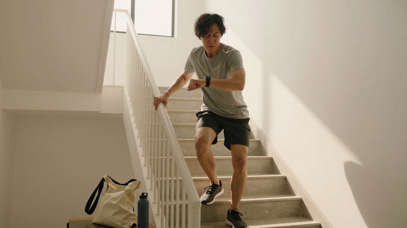Homem a descer escadas interiores enquanto verifica o relógio desportivo no pulso.