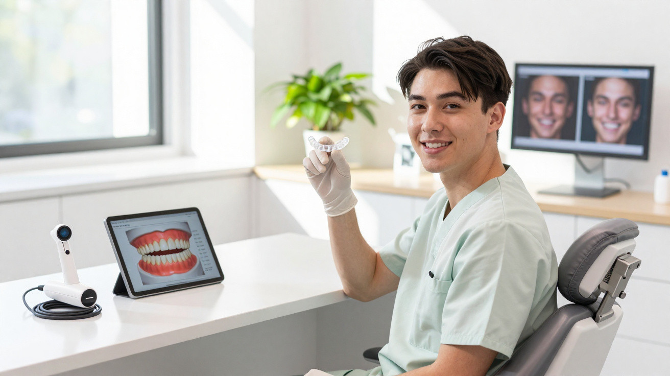 Dentista sorridente sentado na clínica, segurando aparelho dentário frente a ecrã com imagens dentárias.