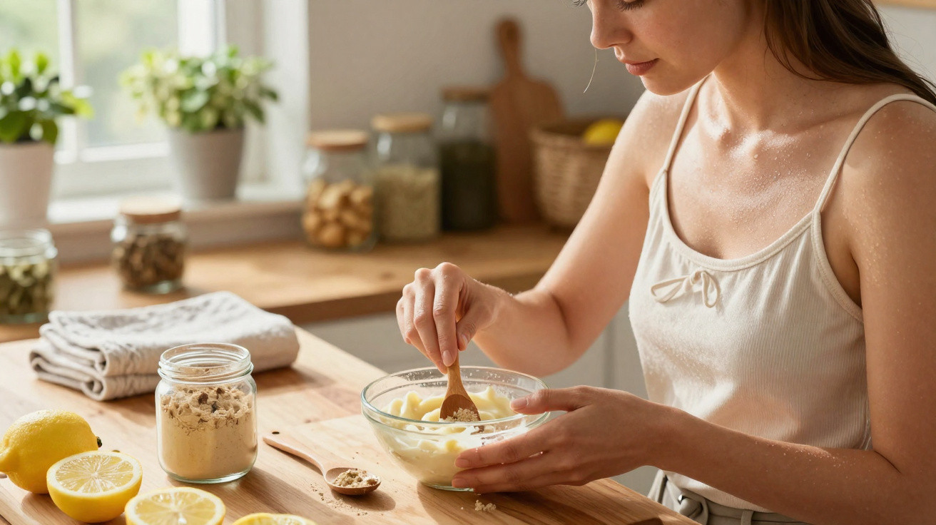 Mulher a preparar uma mistura numa taça de vidro na cozinha com limões e ingredientes naturais na mesa.