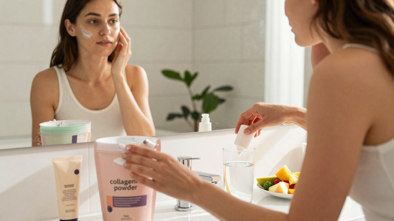 Mulher aplica creme no rosto em frente a espelho com produtos de beleza e tigela de fruta ao lado.
