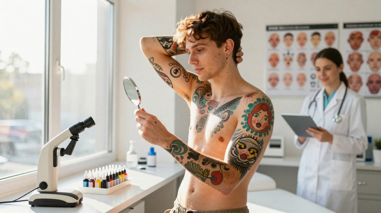 Jovem com várias tatuagens examina espelho de aumento num consultório médico com uma médica ao fundo.