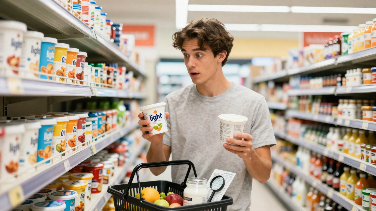 Homem jovem com carrinho de compras examina iogurtes light numa prateleira de supermercado.
