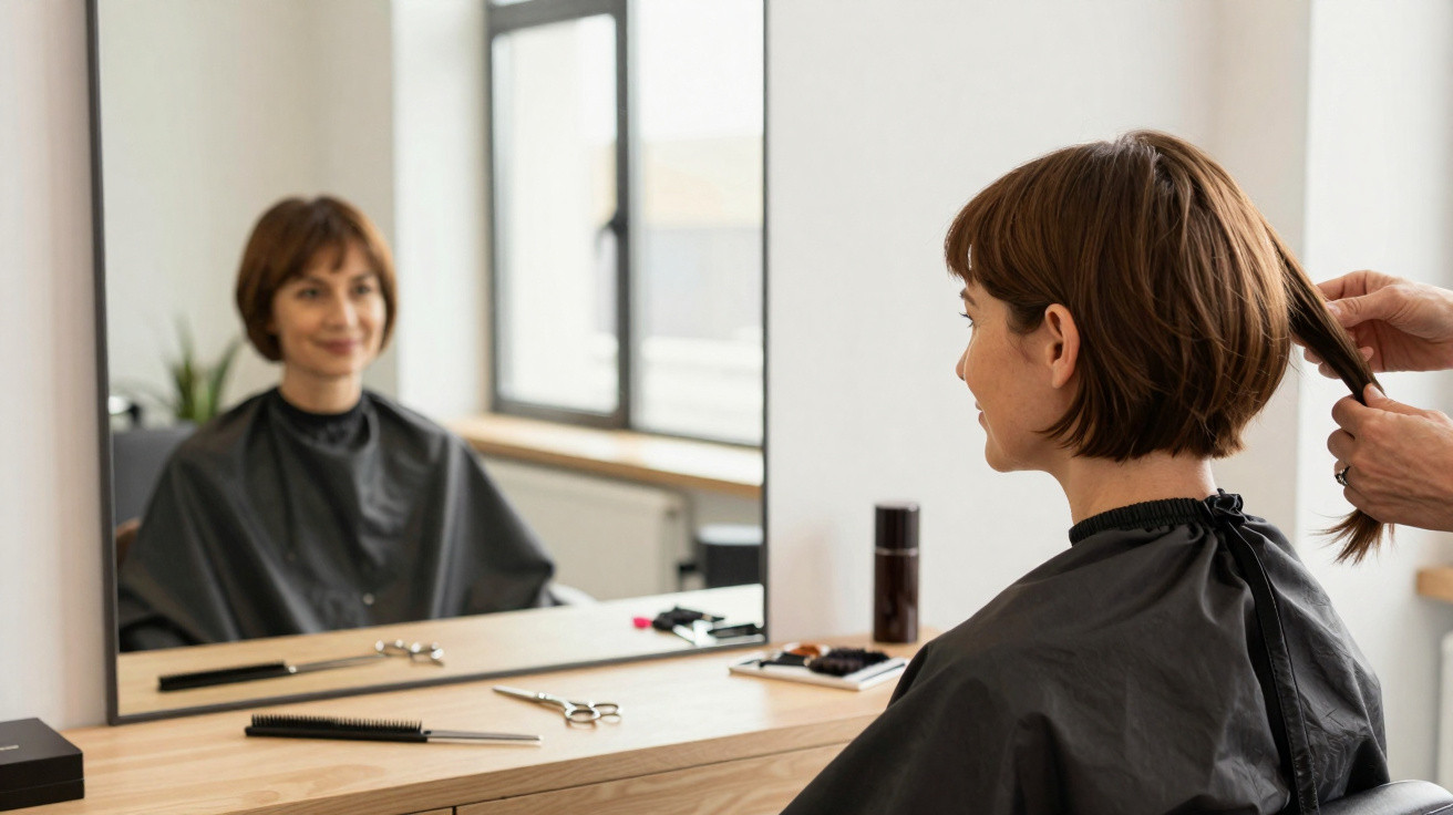 Mulher com cabelo castanho curto a ser preparada para corte num salão, vista de lado e pelo espelho.