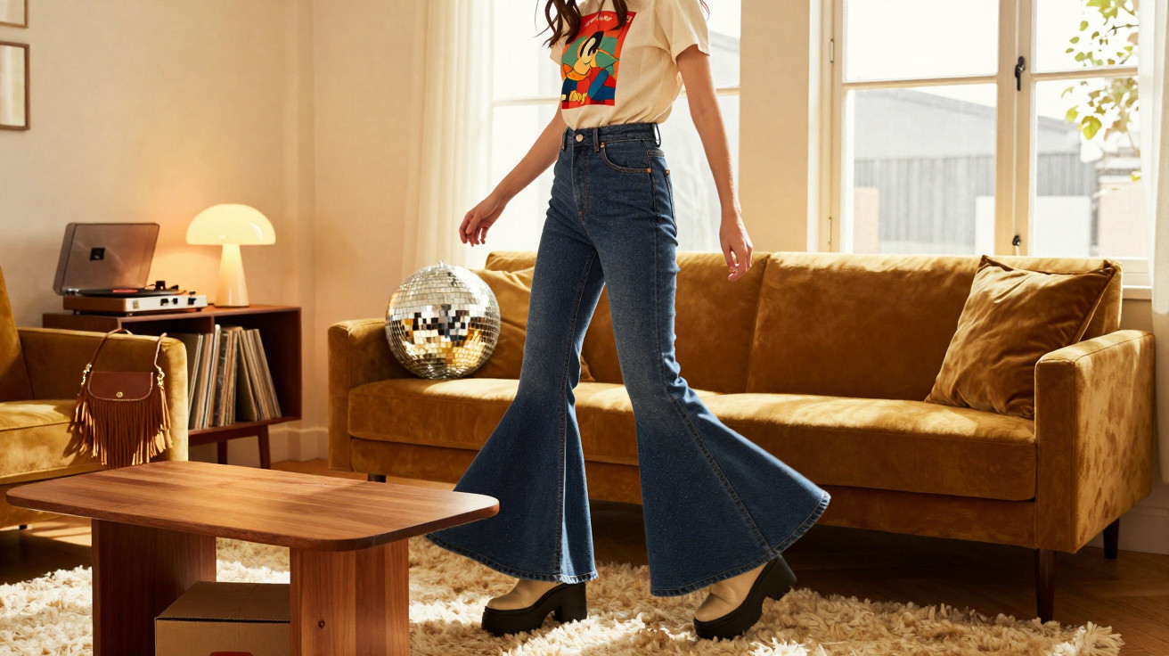 Pessoa com calças de ganga largas e t-shirt com imagem de Mickey, num quarto com sofá castanho e bola de espelhos.