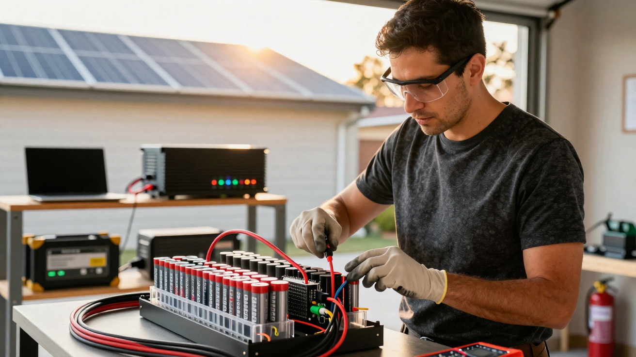 Homem com óculos de proteção e luvas a montar sistema de baterias num ambiente com painéis solares.