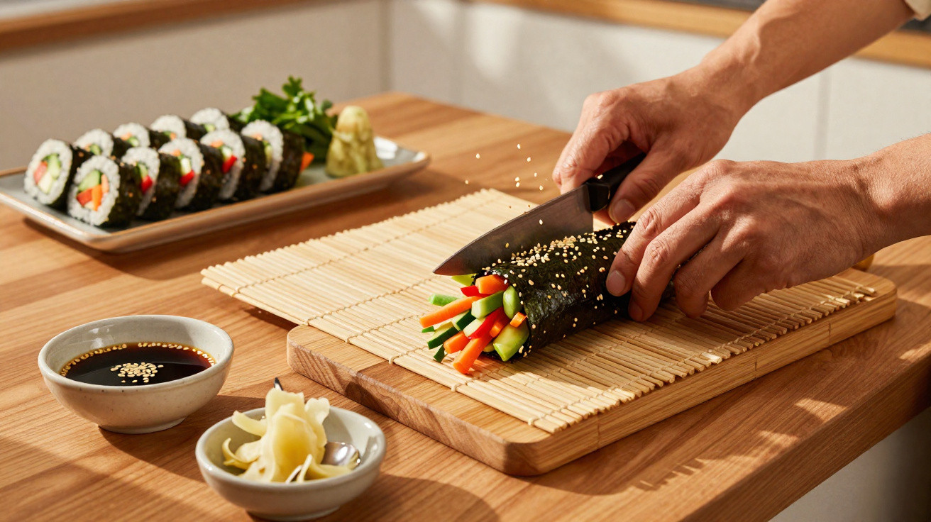 Pessoa a cortar sushi feito com legumes numa tábua de madeira, com molho e gengibre à parte numa mesa.