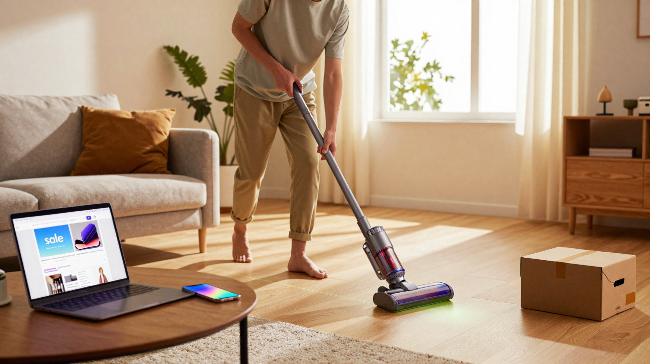 Pessoa a aspirar chão de madeira de sala de estar com aspirador sem fios e smartphone sobre mesa.