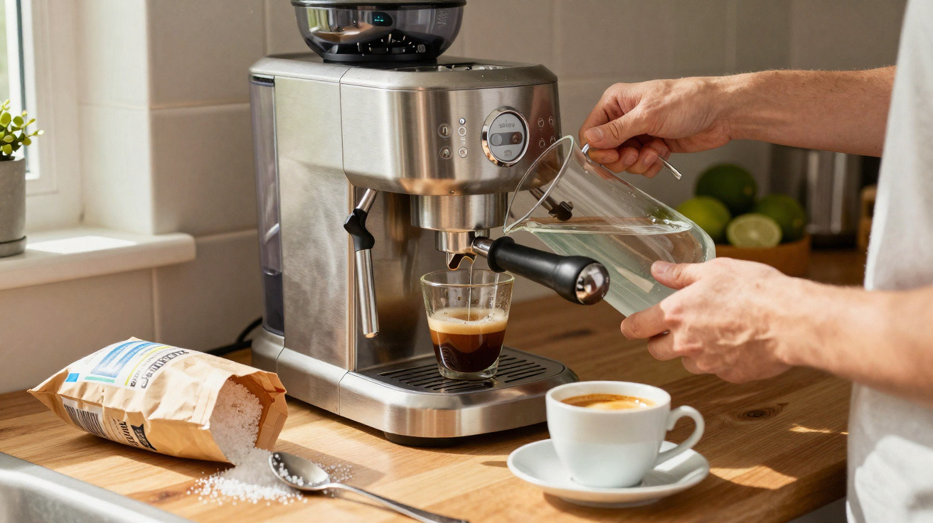 Máquina de café a preparar espresso enquanto água é vertida num recipiente na cozinha.