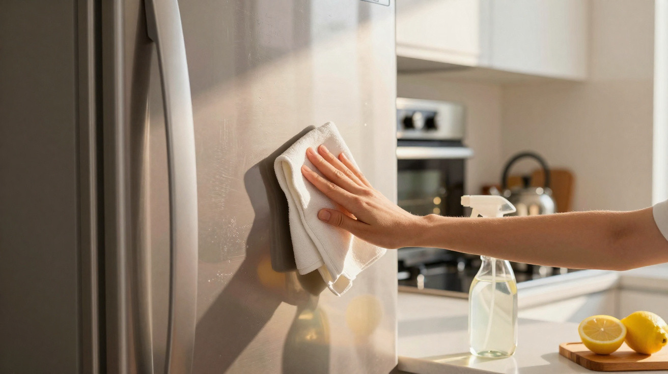 Mão limpa porta de frigorífico com pano branco numa cozinha moderna, com toalete de limpeza e limões ao fundo.