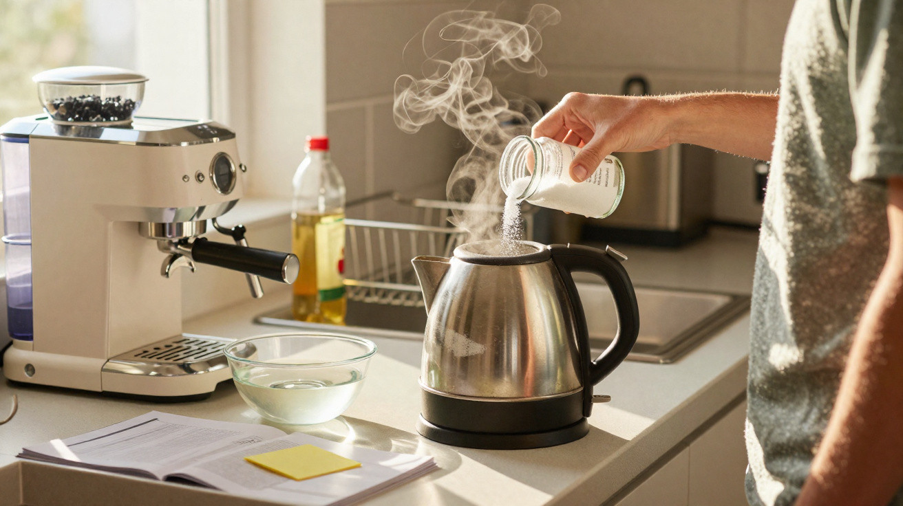Pessoa a deitar açúcar numa chaleira elétrica a ferver na cozinha com cafeteira e livros na bancada.