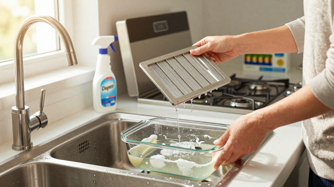 Pessoa lavando filtro metálico na cozinha com pia de inox e frasco de produto de limpeza ao fundo.