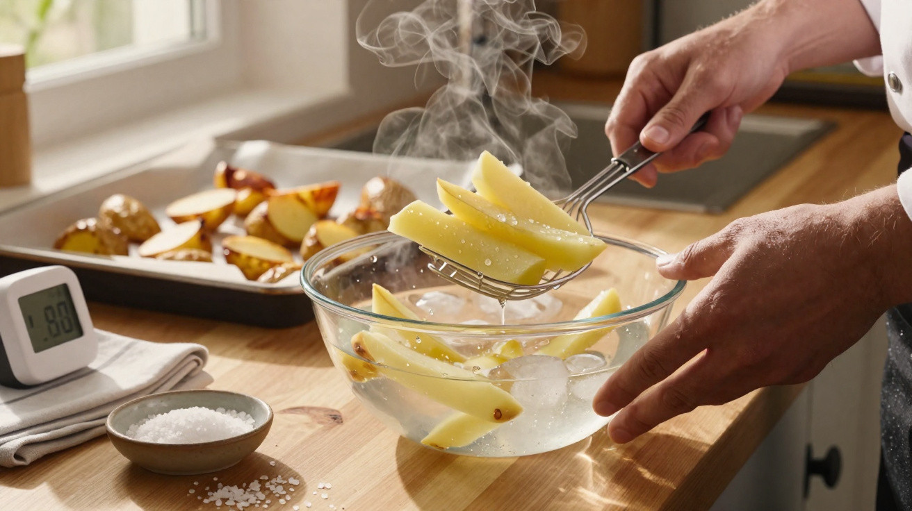 Mãos a mergulhar batatas quentes em água com gelo para parar a cozedura numa cozinha iluminada.