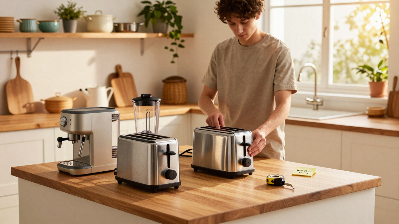 Jovem a usar torradeira numa cozinha moderna com outros eletrodomésticos em cima da bancada de madeira.