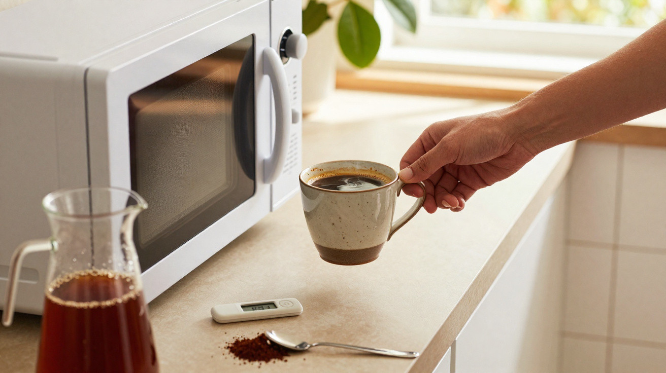 Pessoa a segurar uma chávena de café junto a micro-ondas, medidor e jarro com bebida numa bancada de cozinha.