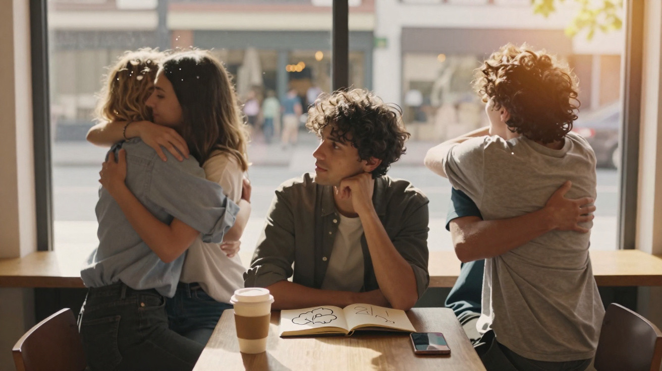 Quatro jovens sentados à mesa numa cafetaria, dois casais abraçam-se enquanto um rapaz observa pensativo.