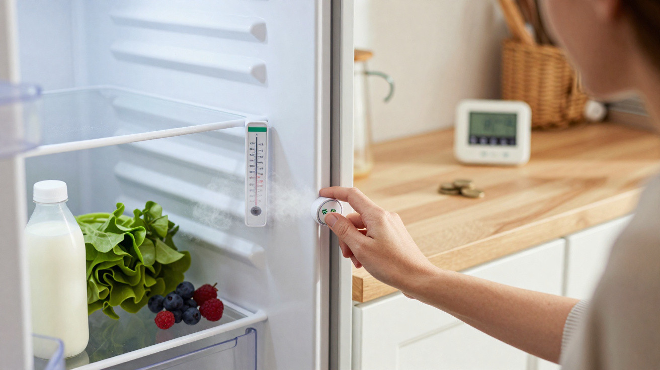 Pessoa a regular a temperatura do frigorífico aberto com leite, alface e frutos vermelhos no interior.