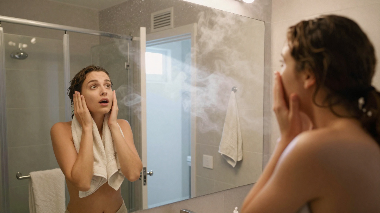 Mulher com toalha no pescoço olha surpresa para o espelho do casa de banho com vapor no ar.