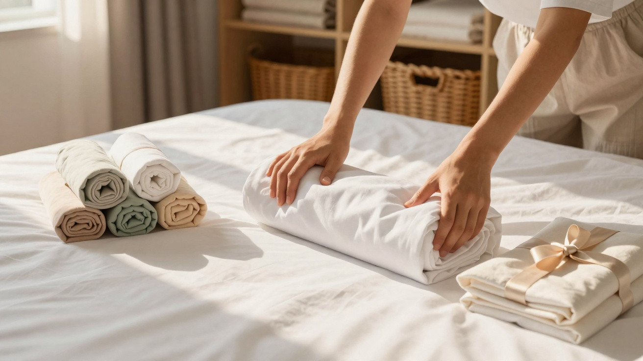 Pessoa a enrolar lençóis brancos numa cama com hasteiras dobradas e roupa de cama empacotada ao lado.