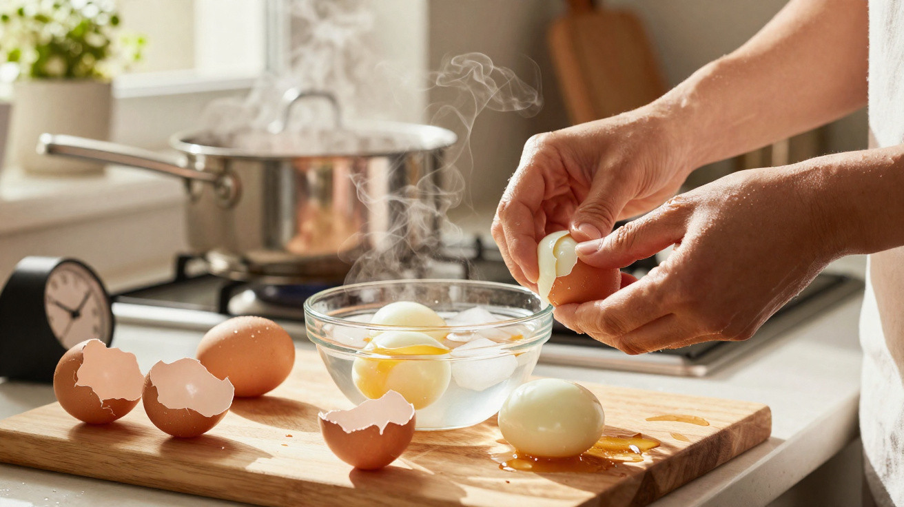 Mãos a descascar ovos cozidos numa tábua de madeira numa cozinha iluminada.