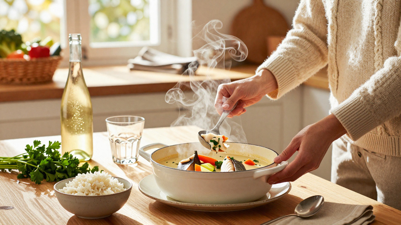 Pessoa a servir sopa fumegante com peixe e legumes numa panela branca numa cozinha iluminada.