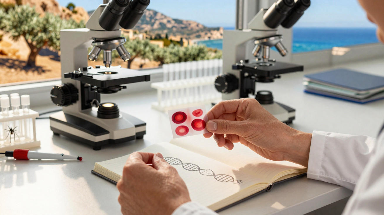 Cientista analisa lâmina com células sanguíneas perto de microscópios e desenho de ADN num laboratório.