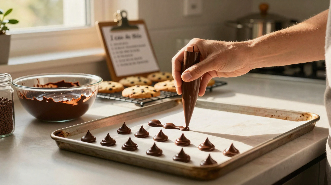 Pessoa a fazer decoração com chocolate num tabuleiro, com bolachas e ingredientes à volta na bancada da cozinha.