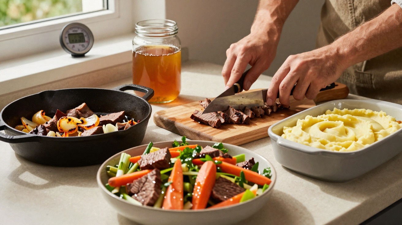 Pessoa a cortar carne num tábua com batata puré, legumes e jarro de bebida numa bancada de cozinha.