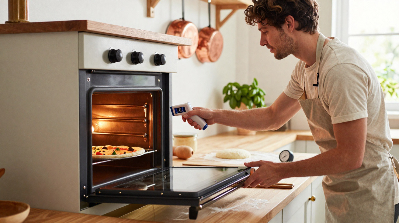 Homem a usar termómetro para medir temperatura de pizza dentro do forno aberto numa cozinha.