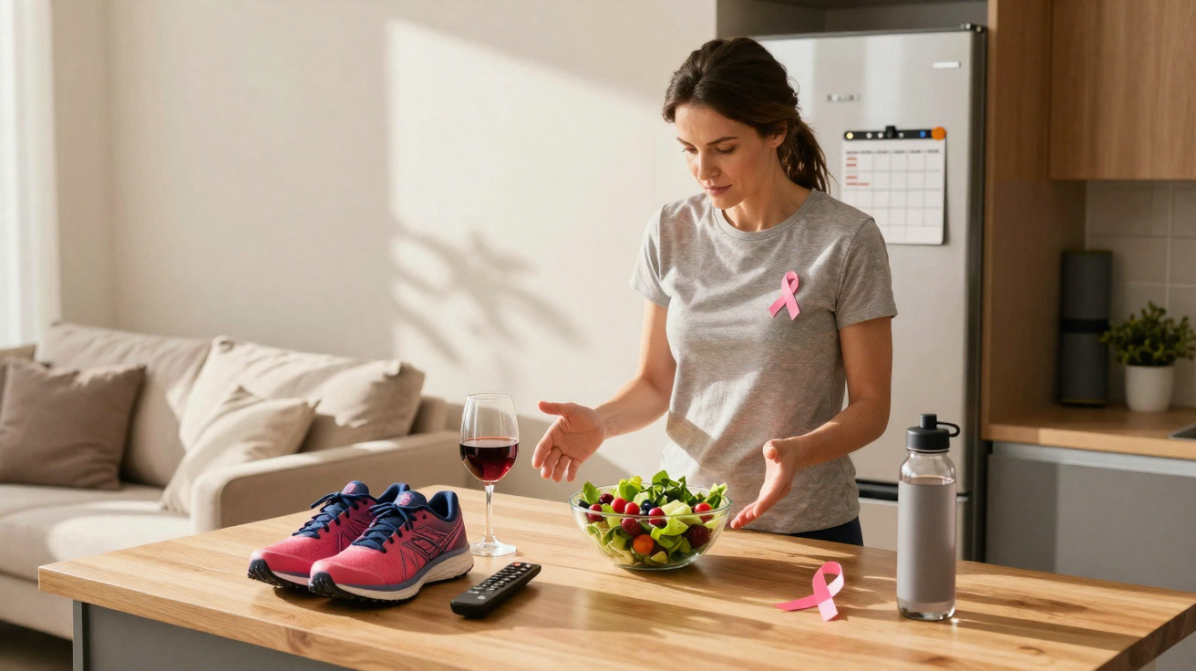 Mulher com laço cor-de-rosa prepara salada numa cozinha com ténis, copo de vinho e garrafa de água na mesa.
