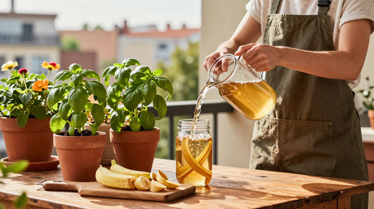 Pessoa a verter bebida de jarro para copo com rodelas de banana junto a plantas em vaso numa varanda ensolarada.