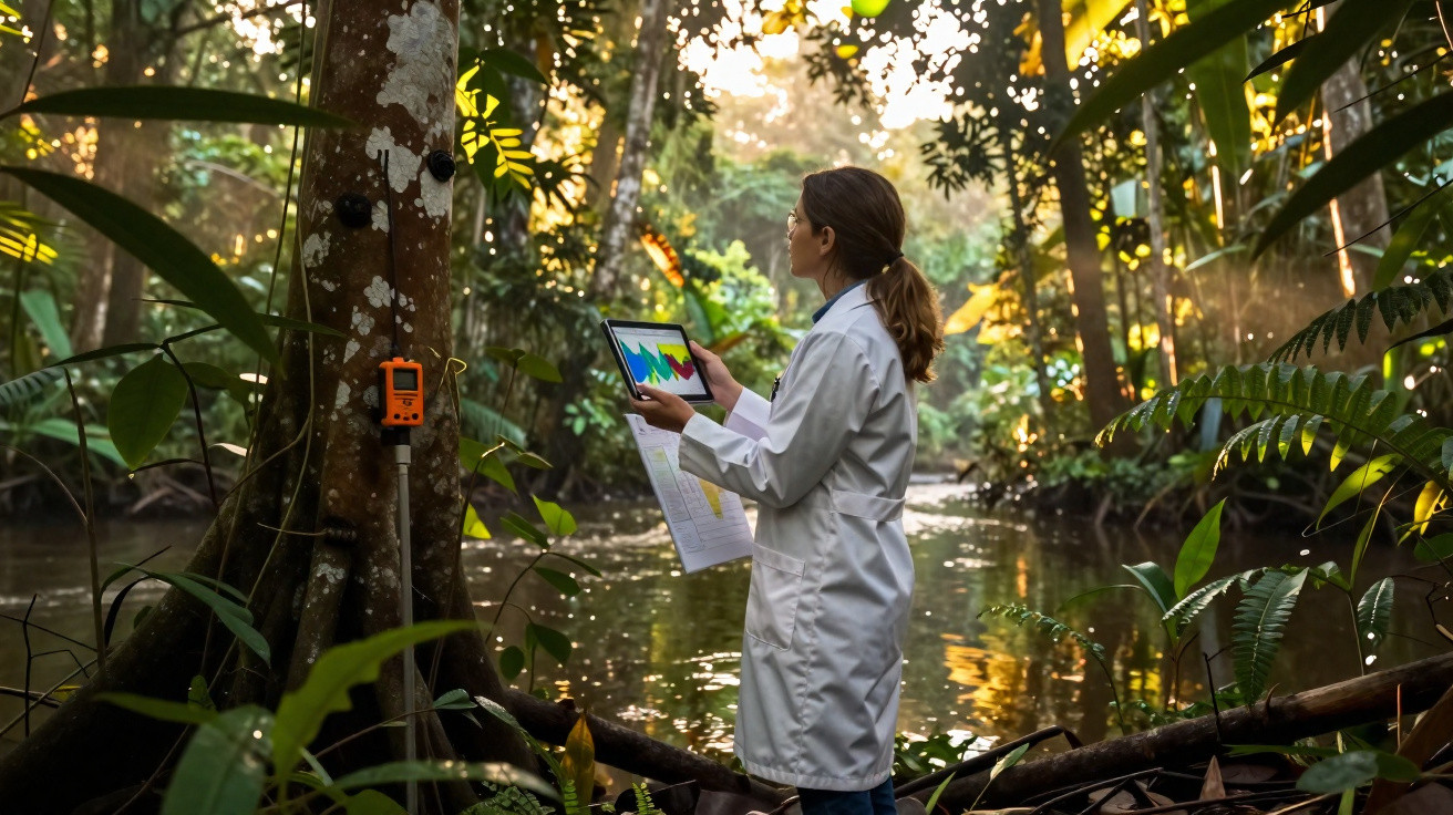 Mulher cientista em bata branca usa tablet para analisar dados numa floresta junto a riacho com sensores ambientais.