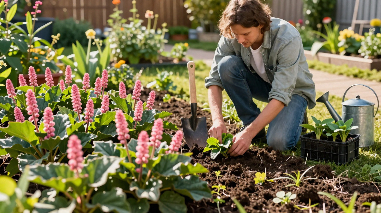Homem a plantar mudas numa horta com flores cor-de-rosa num dia soalheiro.