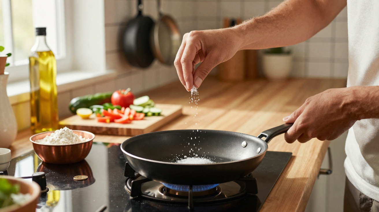 Pessoa tempera uma frigideira com sal numa cozinha moderna, com legumes e azeite ao fundo.
