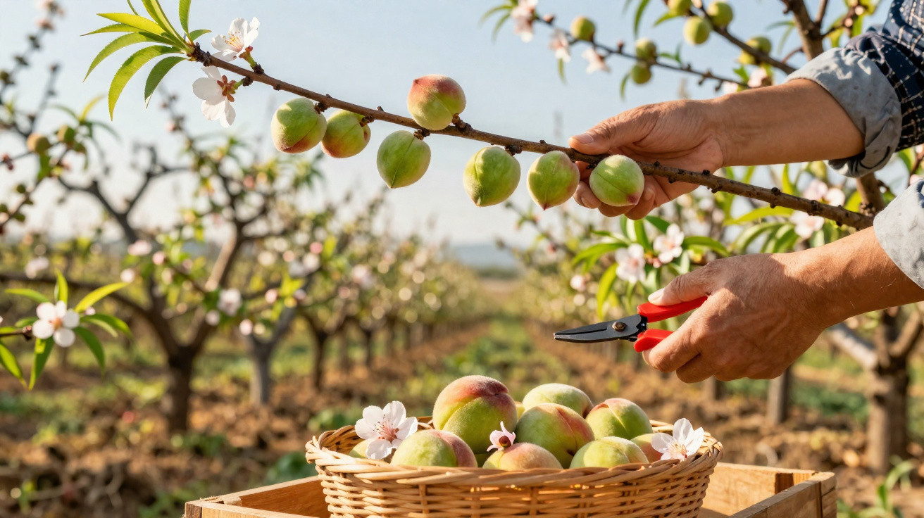 Pessoa apanha pêssegos verdes num pomar com tesoura e cesta cheia de frutas e flores brancas.