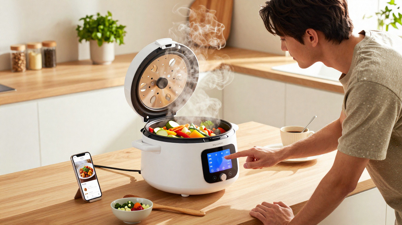 Homem a usar panela elétrica inteligente para cozinhar legumes frescos numa cozinha moderna.