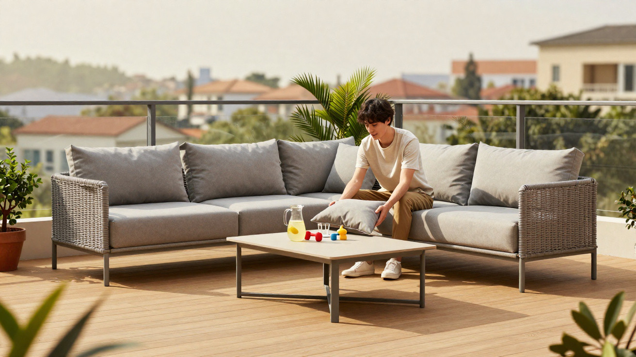 Jovem sentado num sofá cinzento no terraço, ajeitando uma almofada numa mesa de centro com jarra de limonada.