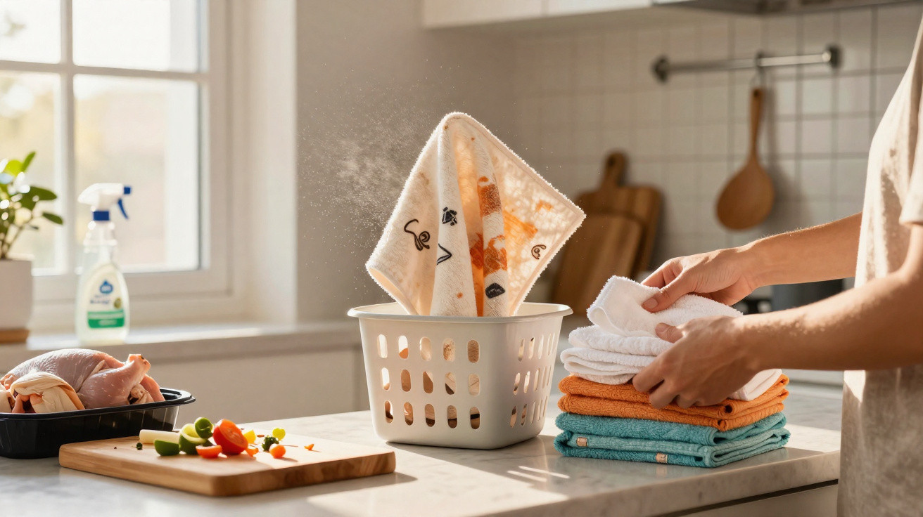 Pessoa a dobrar toalhas perto de uma cesta de roupa numa cozinha iluminada pelo sol.