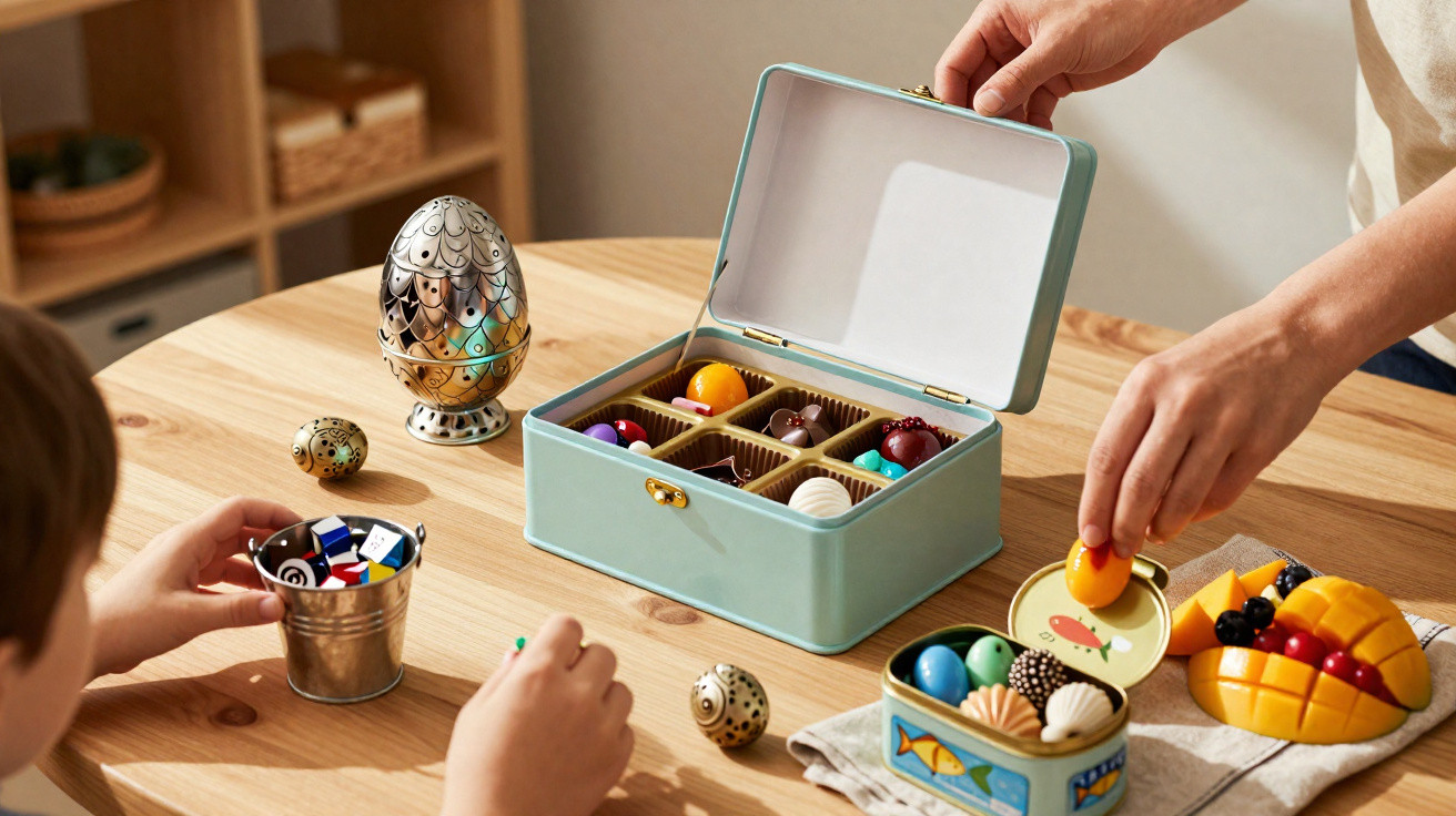 Criança e adulto manuseiam ovos decorativos e caixa com chocolates coloridos numa mesa de madeira.