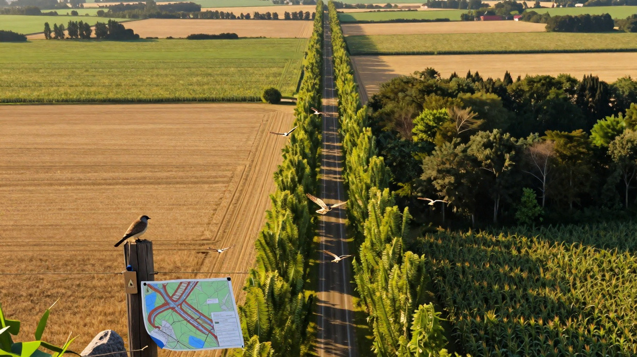 Estrada longa ladeada por árvores e campos agrícolas com pássaros a voar ao amanhecer.