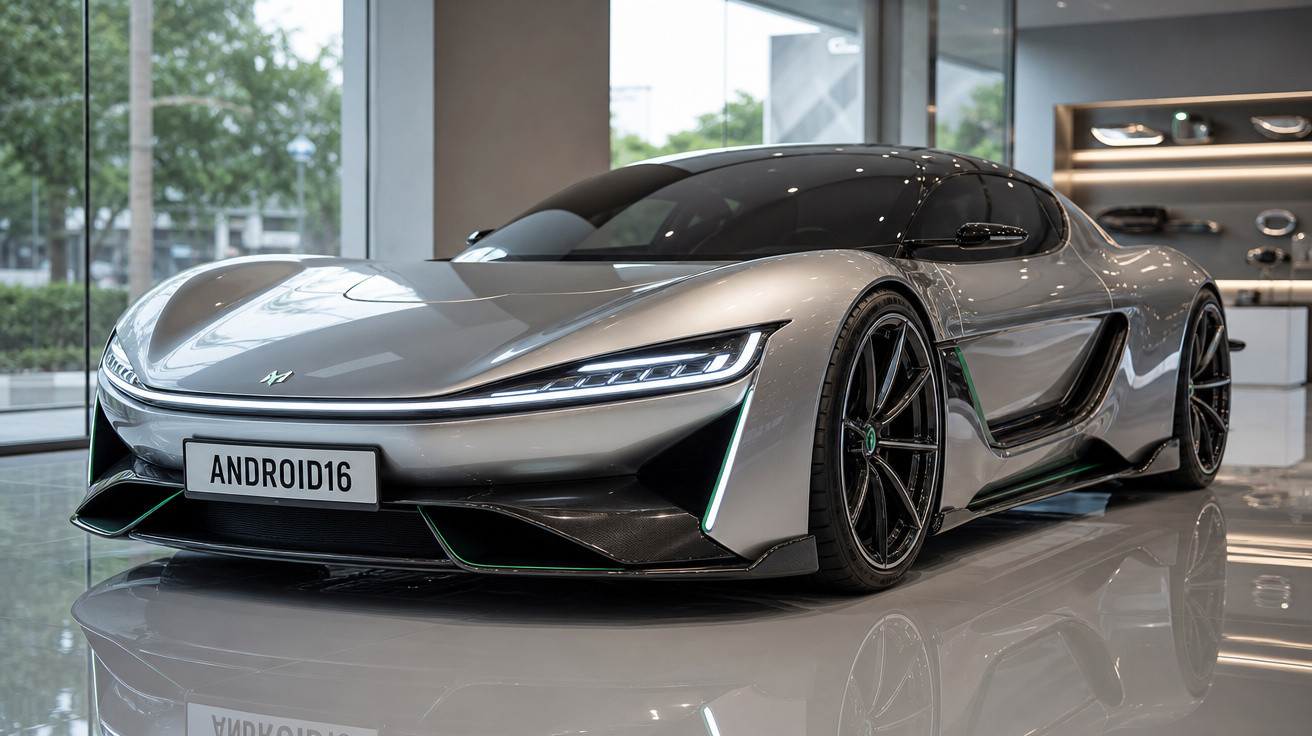 Carro desportivo elétrico cinza prateado estacionado em showroom com faróis LED e placa "ANDROID16".