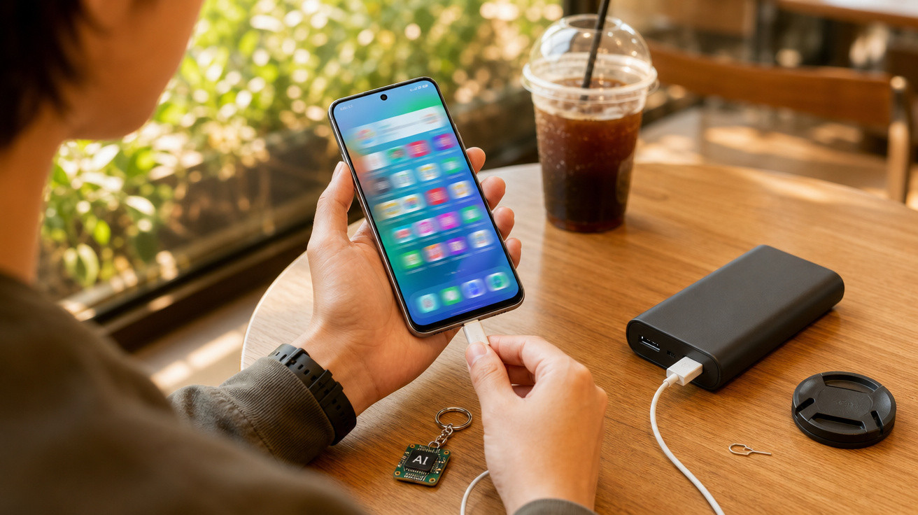 Pessoa a carregar telemóvel com power bank numa mesa de café, com bebida e tampa de objetiva.