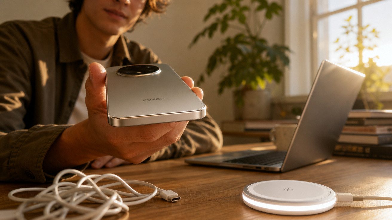 Pessoa a segurar telemóvel Honor junto a carregador sem fios QI numa mesa com computador portátil.