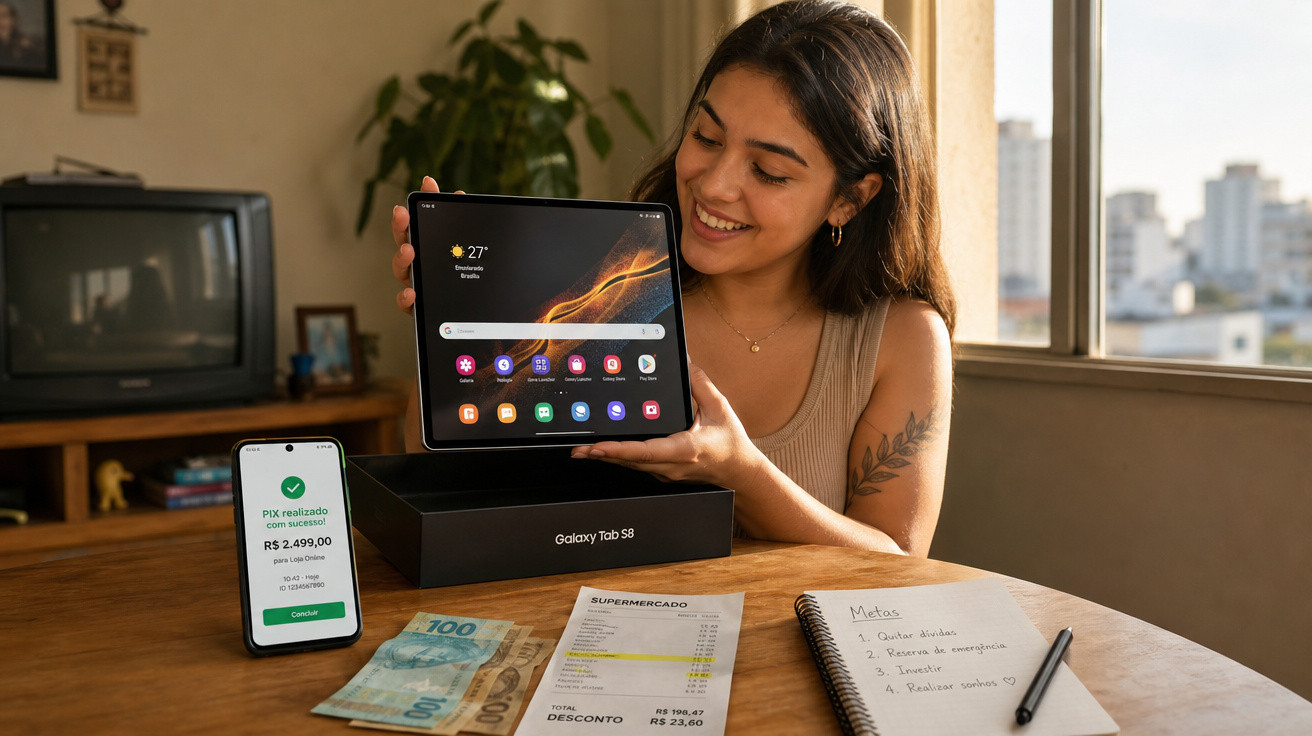 Mulher sorridente mostra tablet Galaxy Tab S8 recém-desembalado numa mesa com dinheiro e notas.