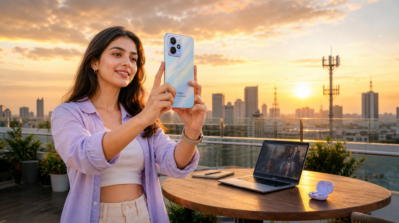 Mulher a tirar selfie com smartphone num terraço ao pôr do sol, com laptop e auriculares na mesa.